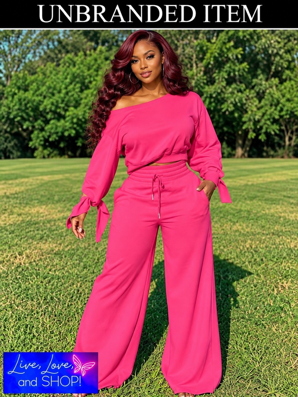 SWEATSUIT: Pink Slanted Shoulder Long Sleeve Top w/Drawstring Pants, NWOT